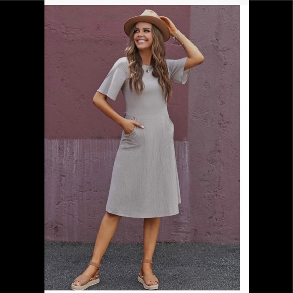 Petallush Stone Half Sleeve Round Neck Cotton Midi Dress with Pockets - Picture 3 of 7